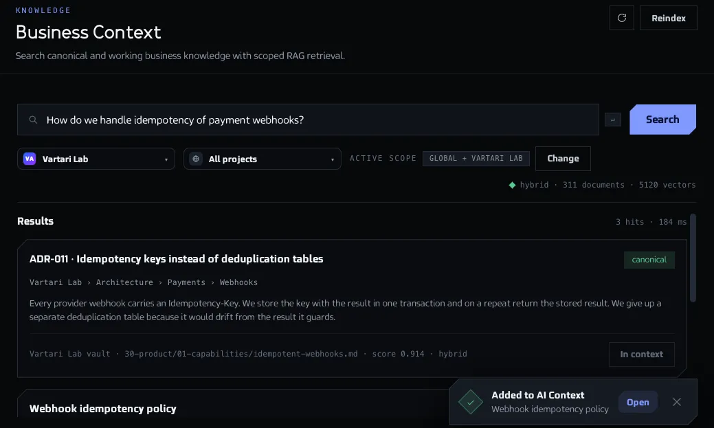 The Business Context screen with a question in the search box and a list of matching notes from a vault, each with its path and score. The sample data shown is made up.