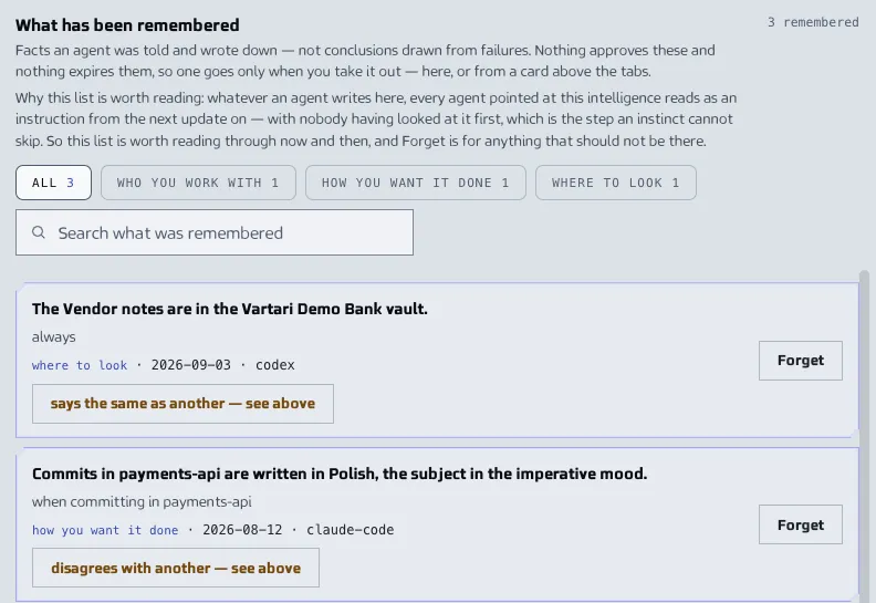 The list of what has been remembered in Agent Intelligence, with filters by kind, a search box and remembered facts, each with its kind, date, client and a Forget button. The sample data shown is made up.