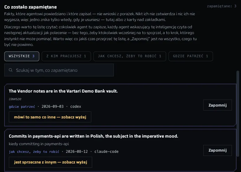 Lista tego, co zostało zapamiętane w Inteligencji agentów, z filtrami rodzajów, polem wyszukiwania i zapamiętanymi faktami, każdy z rodzajem, datą, klientem i przyciskiem Zapomnij. Pokazane dane są przykładowe.