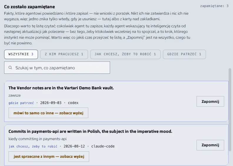Lista tego, co zostało zapamiętane w Inteligencji agentów, z filtrami rodzajów, polem wyszukiwania i zapamiętanymi faktami, każdy z rodzajem, datą, klientem i przyciskiem Zapomnij. Pokazane dane są przykładowe.