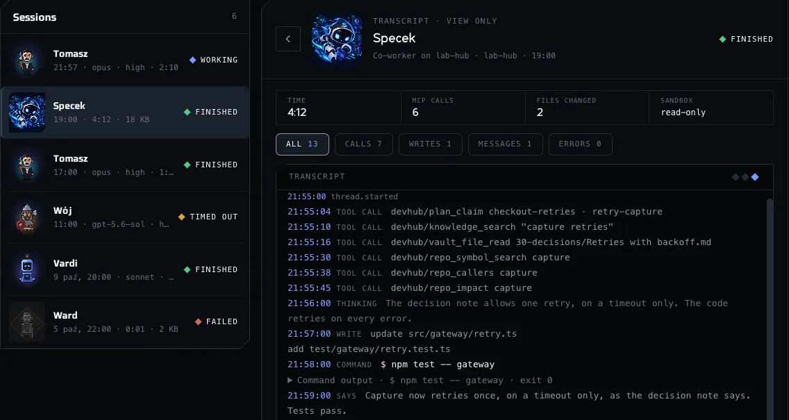 The Sessions tab of the Agents screen with a list of runs, each with the portrait of its agent and its state, and the transcript of a finished run: its time, MCP calls, changed files and sandbox, then the lines of calls, a file change, a command and the final message. The sample data shown is made up.
