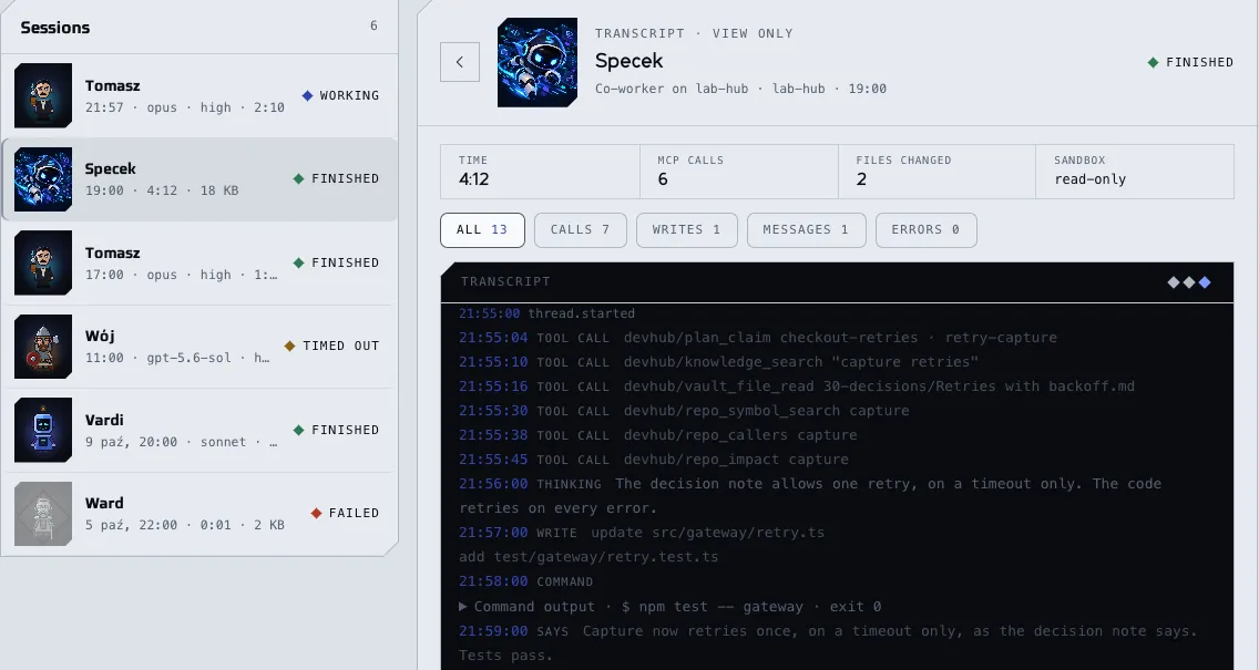 The Sessions tab of the Agents screen with a list of runs, each with the portrait of its agent and its state, and the transcript of a finished run: its time, MCP calls, changed files and sandbox, then the lines of calls, a file change, a command and the final message. The sample data shown is made up.